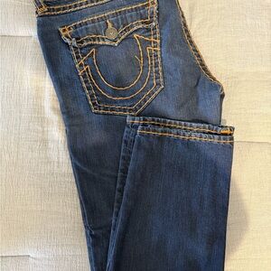 True Religion Dark Blue Bootcut Jeans with Gold Stitching